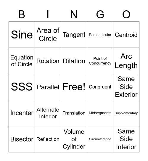 Geometry Bingo Card