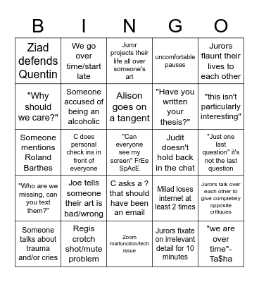 MFA mid-year jury Bingo Card