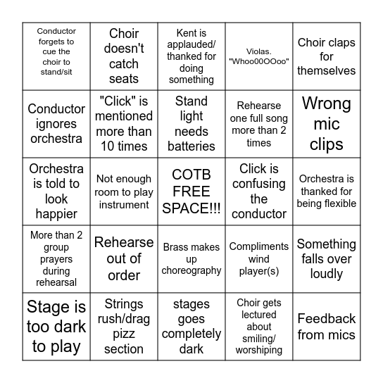 COTB ORCHESTRA BINGO Card