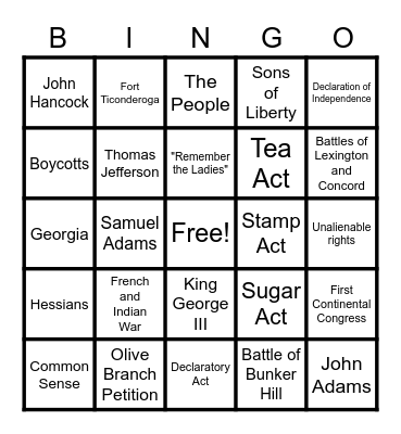 Causes of the American Revolution 2021 Bingo Card