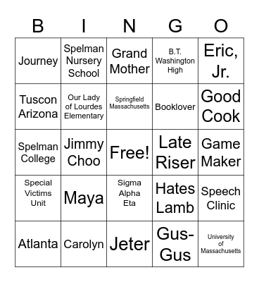 Nana Bingo Card