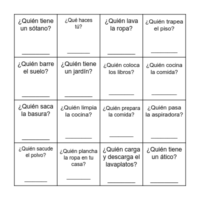 Loteria: tareas domesticas Bingo Card