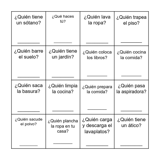Loteria: tareas domesticas Bingo Card