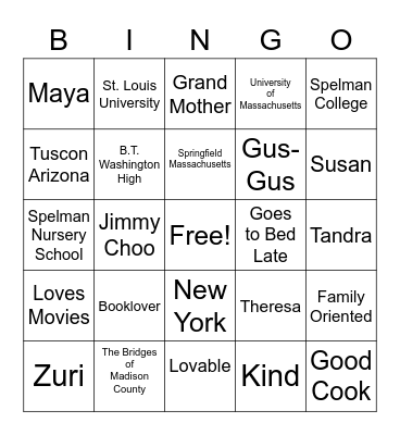 Nana Bingo Card