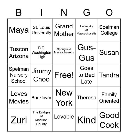 Nana Bingo Card