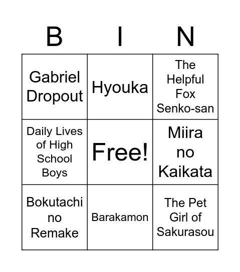 KarenShirotori's Winter Watch-A-Thon Bingo Card