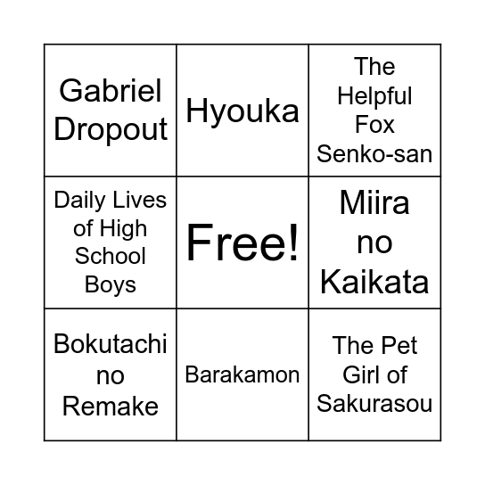 KarenShirotori's Winter Watch-A-Thon Bingo Card