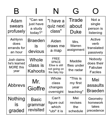 Intermediate Latin/Latin II Bingo Card