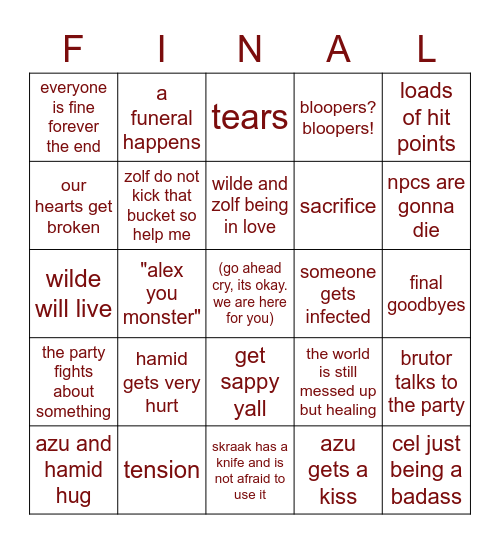 RQG Final Episode Bingo Card