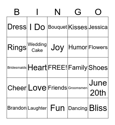 Jessica's Bridal Shower Bingo Card