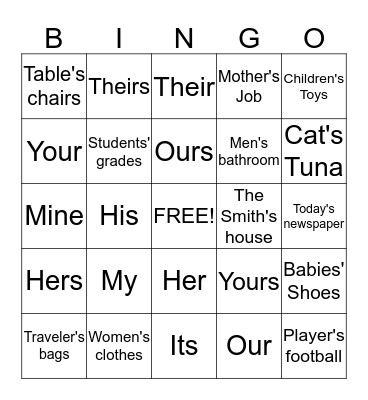 Possessive Bingo Card