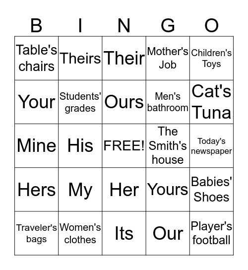 Possessive Bingo Card