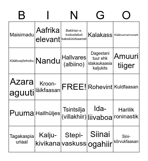 Tallinna Loomaaed Bingo Card