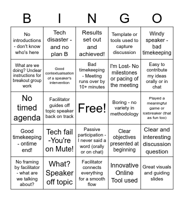 Virtual Facilitation Meeting Bingo Card