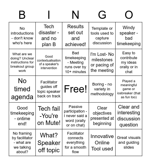 Virtual Facilitation Meeting Bingo Card