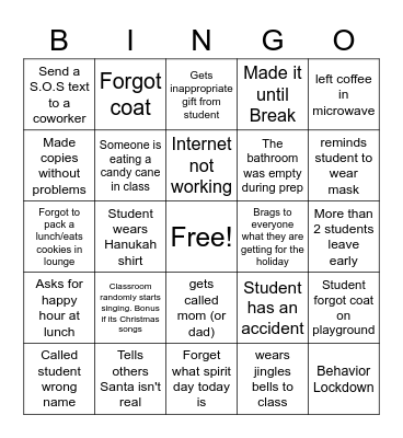 Teacher Bingo before Winter Break Bingo Card