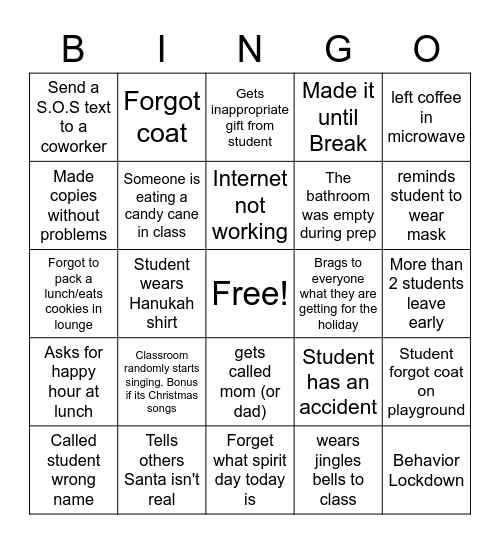 Teacher Bingo before Winter Break Bingo Card