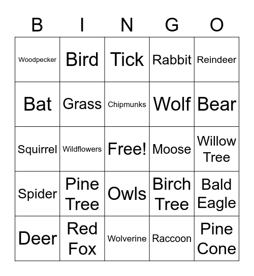 Evergreen Forest Bingo Card