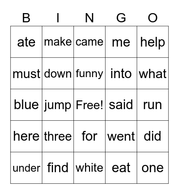 Sight words Bingo Card