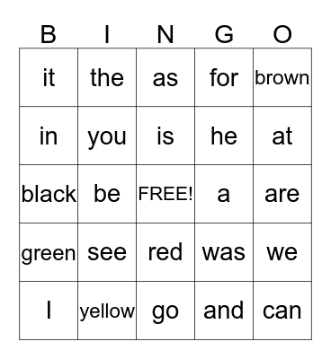 Sight Words Bingo Card