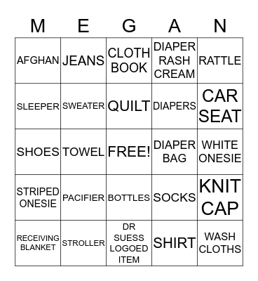 Megan's Baby Shower Bingo Card