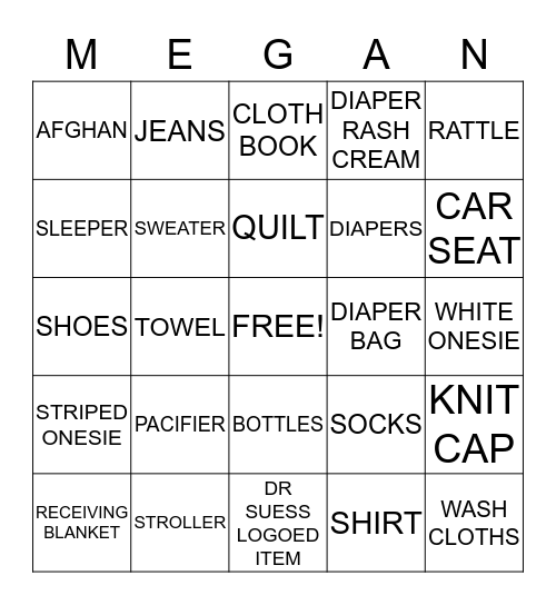 Megan's Baby Shower Bingo Card