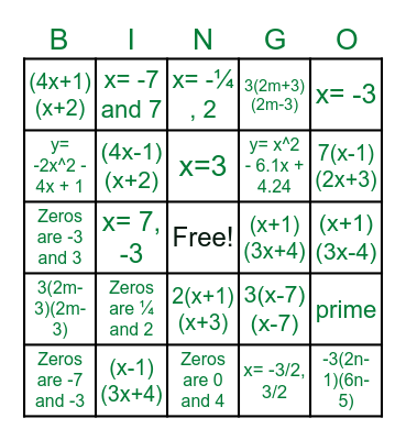 Algebra 2 Honors - Unit 3 Quiz #1 Review Bingo Card