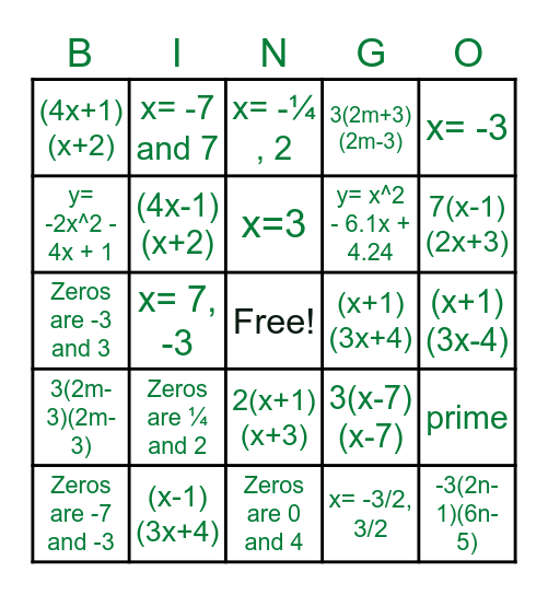 Algebra 2 Honors - Unit 3 Quiz #1 Review Bingo Card