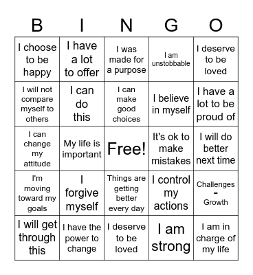 Positive Self Talk Bingo Card