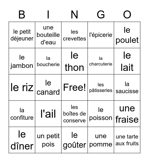 FR2 U2 - La Nourriture Bingo Card