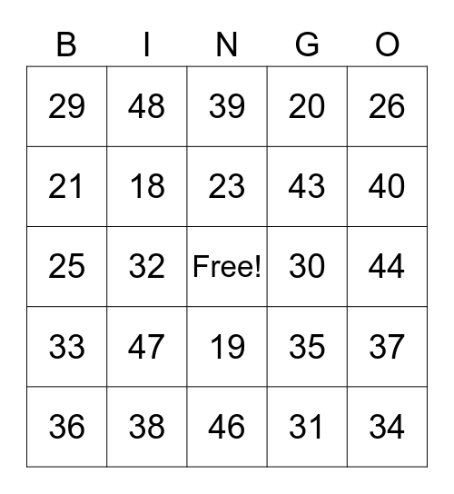 Numbers 15-49 Bingo Card