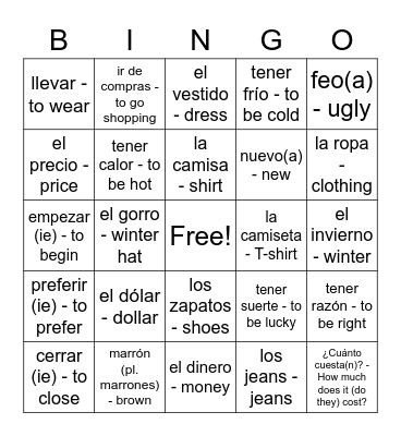 Avancemos 4.1 Vocabulario Bingo Card