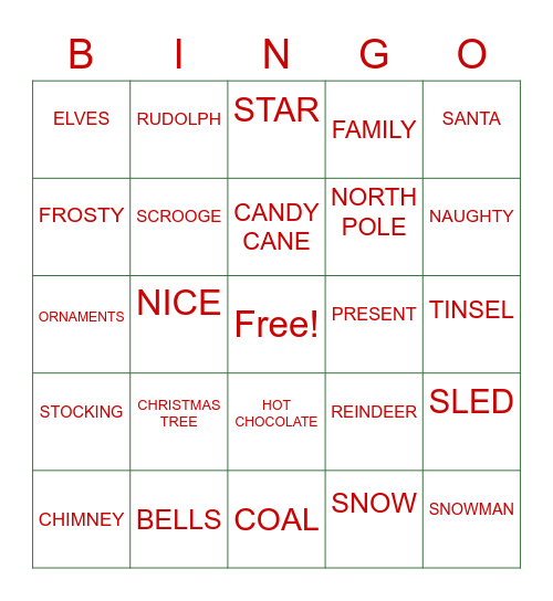 RCHS Christmas BINGO Card
