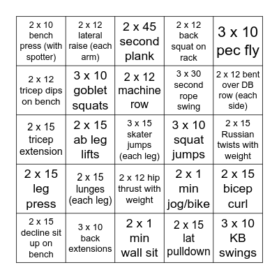Fitness Bingo Card