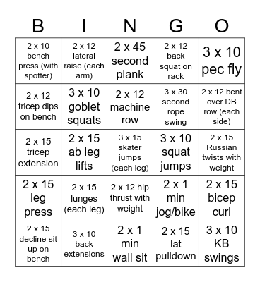 Fitness Bingo Card