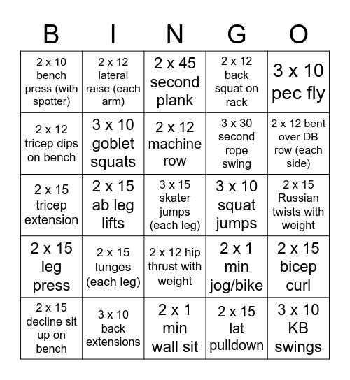 Fitness Bingo Card