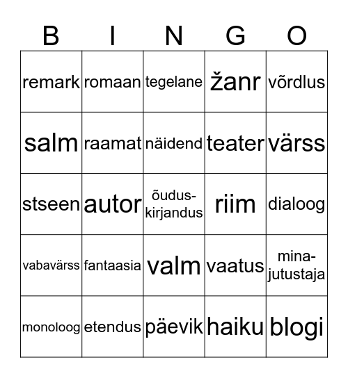 6. klass, kirjandus Bingo Card