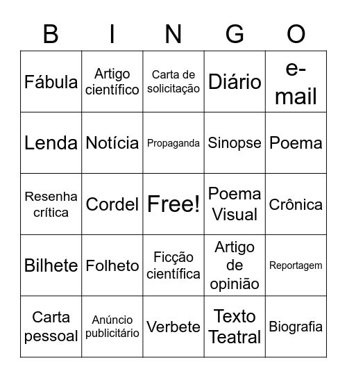 Gêneros textuais Bingo Card