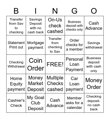 Teller Transaction Bingo I Bingo Card
