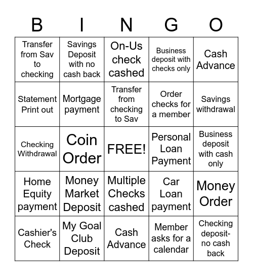 Teller Transaction Bingo I Bingo Card