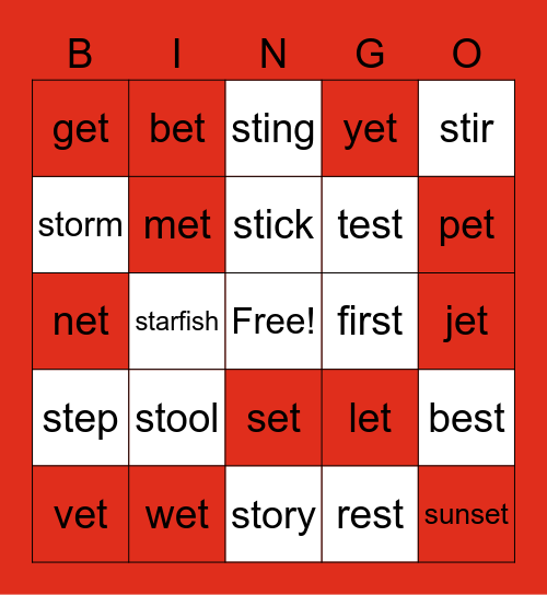 -et word family and "st" blend BINGO Card