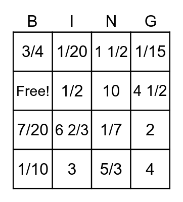 fractions Bingo Card