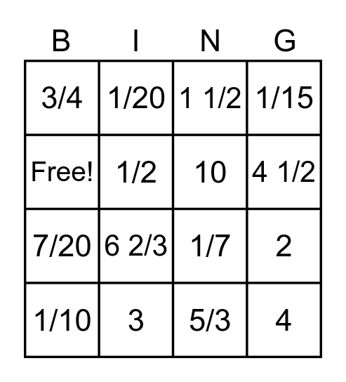 fractions Bingo Card