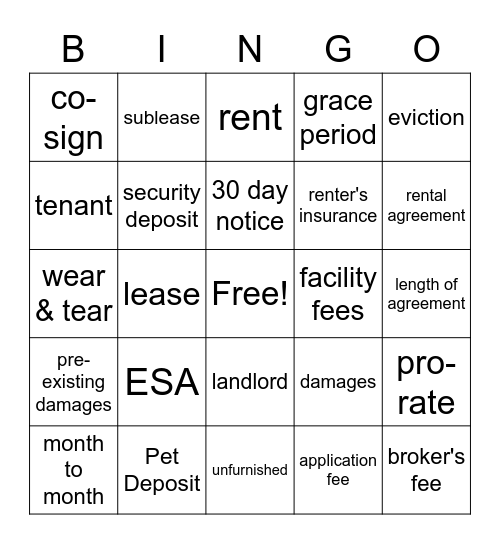 Apartment Lingo Bingo Card