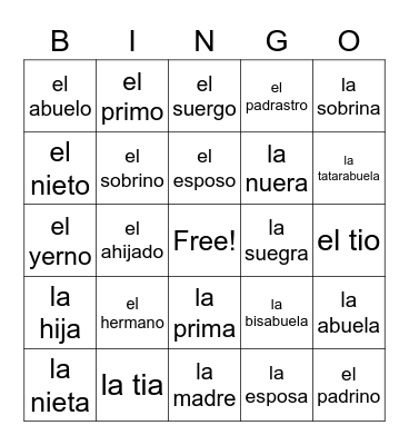 Spanish Family Vocabulary Bingo Card