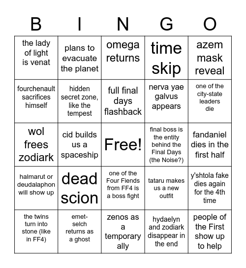 Endwalker Predictions Bingo Card