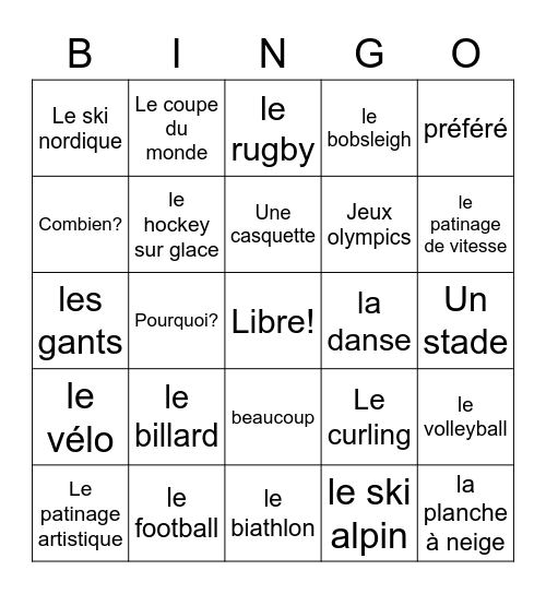French Sports Bingo Card