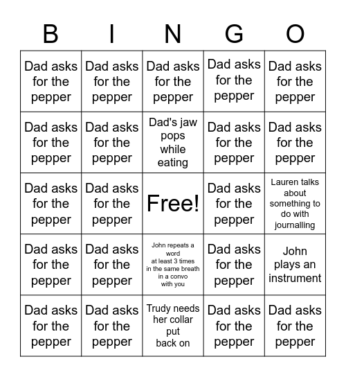 Traylor Family Bingo Card