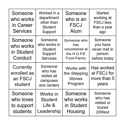 Student Support People Bingo Card