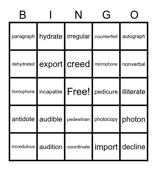 Word Study Review Bingo Card